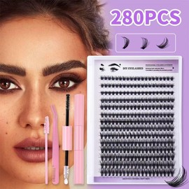 Lash Clusters Kit Natural Eyelash Clusters Wispy Lash Extension Kit C Curl Individual Lashes Cluster Eyelash Extensions with Bond and Seal Lash Tweezers DIY Lash for Self Application-280pcs