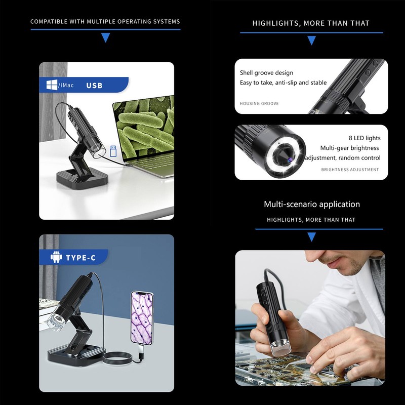 Digital Microscope 50‑1000X Magnification 2 Million Pixels Handheld USB Microscope