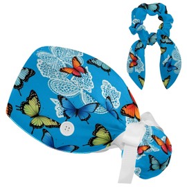 Scrub Caps Women with Button,Adjustable Bouffant Surgical Caps with Ponytail Pouch,Mandala Colored Butterflies Working Cap with Bow, Mandala Colored Butterflies, One Size