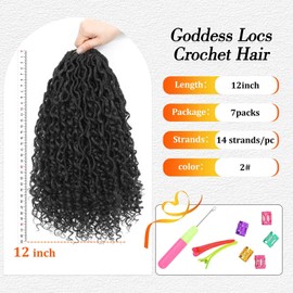 Atraente Goddess Locs Crochet Hair, 12 Inch 7 Packs Faux Locs Crochet Hair for Black Women, Pre-Looped Boho Hippie Crochet Locs with Curly Ends (12 Inch 7 Packs, 2#)