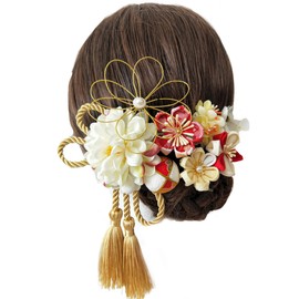 JZOON Hair Ornament, Shichi-Go-San, Coming-of-Age Ceremony, Yukata, Hakama, Kimono, Furisode, Kimono, Flowers, Mizuhiki, Graduation Ceremony, Wedding Ceremony, Comes with Bell and Handmade, red