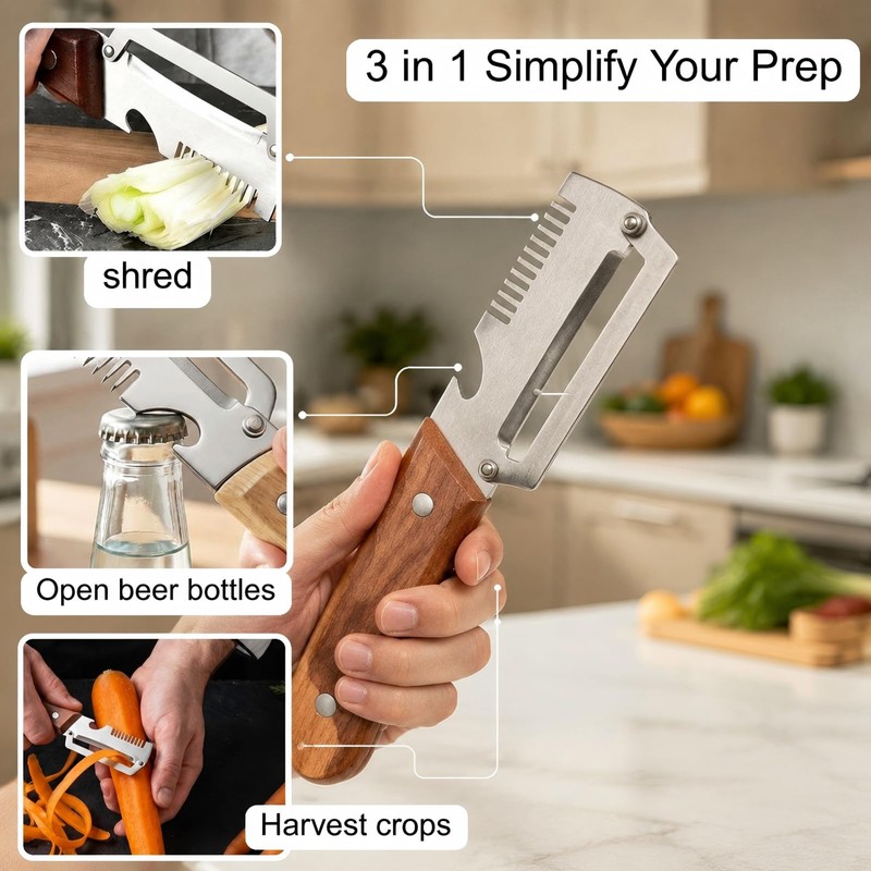 Multi-Functional Vegetable Peeler, 3 in 1 Multi Functional Wooden Handle