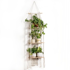 Bamworld Wall Plant Holder Plant Wall Shelf Macrame Plant Hangers 3 Tier Window Plant Shelves Boho Room Decor Hanging Shelf Plant Stand Indoor Bedroom Living Room Balcony
