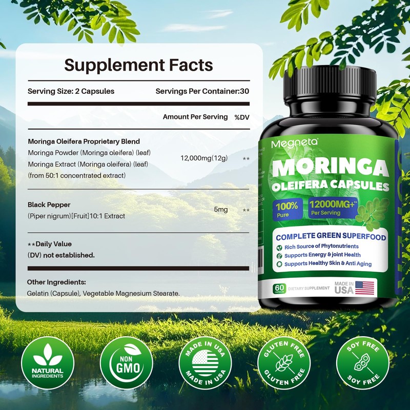 Moringa Capsules 12000mg – Organic Moringa Oleifera Leaf Powder, High
