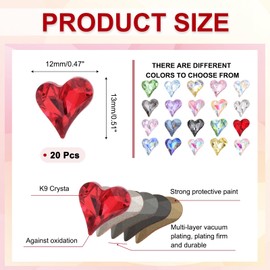 MECCANIXITY 20 Pcs 3D Heart Red Nail Rhinestones 12x13mm K9 Glass Crystal Rhinestones Pointed Back Crooked Heart Gems for Nail Charm Art DIY Decoration Craft