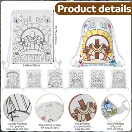 Dansydaisy 12 Pcs Easter Color Your Own Canvas Drawstring Bags Bulk Religious He Is Risen Backpack Christian Coloring Crafts for Easter Candy Treat Goodies Gift Bags Sunday School Favors