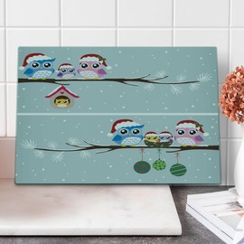 Ambesonne Christmas Cutting Board, Owl Family with Santa Hats on Tree Branch with in Nest Birds Snowy Winter Print, Decorative Tempered Glass Cutting and Serving Board, Large Size, Grey