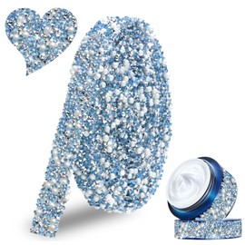 FULZTEY 3 Yards Pearls Crystal Rhinestone Ribbon,Bling Lake Blue Crystal Trim with White Pearls for DIY Crafts,1.3 CM Wide Self Adhesive Rhinestone Strip for Car Wedding Birthday Party Decoration