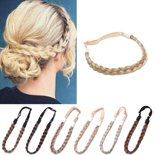 Braided Headband Plaited Hair Band Chunky Braided Headband Elastic Stretch Braid Hairband Wide Plaited Braids Synthetic Hairpiece For Girls And Women (Large-five strands braided, dark brown)