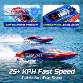 DEERC High Speed RC Boat for Kids, 25+KPH Remote Control Boat with LED Lights, Capsize Recovery,2x1300mAh Batteries 30 Min, 50+ Pad-Printed Details, 2.4GHz Racing Boat for Pool & Lake HJ826