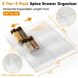 LYBHWBF Spice Drawer Organizer 3 Tier- 2 Pack Clear Acrylic Drawer Seasoning Organizer Expandable From 7.5' to 15'' Kitchen Spice Rack Organizers and Storage for Drawer (Jars not included)
