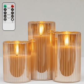 ANGELLOONG Glass LED Flameless Candles Battery Operated with Remote Control, Flickering Candles with Timer, Electric Gold Candles for Home Bathroom Fireplace Decor, Set of 3