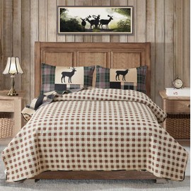 MINCHI Lodge Quilt Set Twin Size Plaid Patchwork Rustic Cabin Bedding Moose Deer Printed Beige Gingham Grid Bedspread Coverlet Soft Lightweight Reversible All Season Bed Sheet, 1 Quilt 2 Pillow Shams