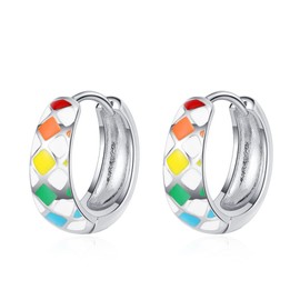 Rainbow Hoop Earrings for Women Girls 925 Sterling Silver Checkerboard Huggie Earring Best Friends Jewelry Gift (Silver)