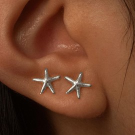MUMREUES Silver Earrings for Women Trendy 14K White Gold Plated Small Starfish Stud Earrings Dainty Lightweight Minimalist Simple Jewelry Gifts for Her