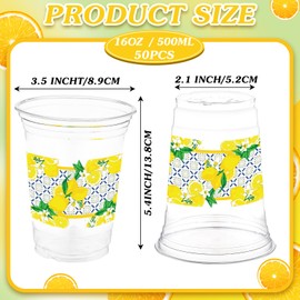 Singhoow 50 Pcs Capri Lemon Plastic Cups Bulk 16 oz Blue Tiles Yellow Lemon Party Drinking Cups Lemon Disposable Cups for Lemonade Stand Supplies Hot Cold Drinks Juices Cups Summer Party Decorations