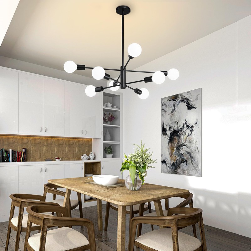 RUIYEY Modern Sputnik Chandeliers Light, 8-Light Black Chandeliers for Dining
