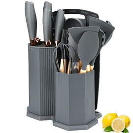Kitchen Cooking Utensils and Knife Set with Holder Block, 19 Pieces Cooks Cutting Set 11 Pcs Silicone Cooking Utensils Sharp Stainless Steel Knives Scissors Whisk Tongs and Cutting Board (Grey)