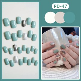 Vezocim Green Artificial Square Fake Nails, 24Pcs Press on Nails Short with Silver Glitter Designs, Glossy Full Cover Coffin Acrylic False Nails, Glue Fingernails with Charm for Women