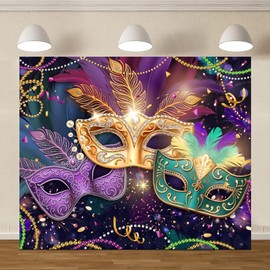 Canessioa Masquerade Prom Backdrop Retro Gold Mask Carnival Birthday Fiesta Mardi Gras Photo Backdrop Pearl Feather Mask Dance Floor Party Decoration Props 10x8ft (300x240cm) Vinyl