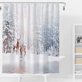 Allenjoy 72x72 inch Winter Theme Merry Christmas Shower Curtain Set with 12 Hooks Nature Forest Snowy Scenery Deer Bathroom Curtain Durable Waterproof Fabric Bathtub Sets Home Decor