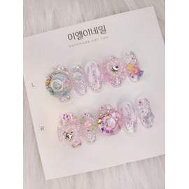 Ribbon bear aqua ball nail tip handmade 12p composition - short nose pin / 리본곰돌이 아쿠아볼네일팁 핸드메이드 12p구성 - 숏코핀