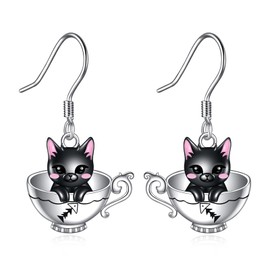KNTTZZI Black Cat Earrings Cute Cup Kitty Dangling Earrings 925 Sterling Silver Cute Animal Drop Earrings Jewelry Gift for Women
