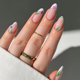 MISUD Almond Press on Nails Medium Fake Nails Glossy Glue on Nails White French Tip Acrylic Nail Supplies Stiletto Artificial Nail Art Flower Stick on False Nails with Design DIY 24 pcs