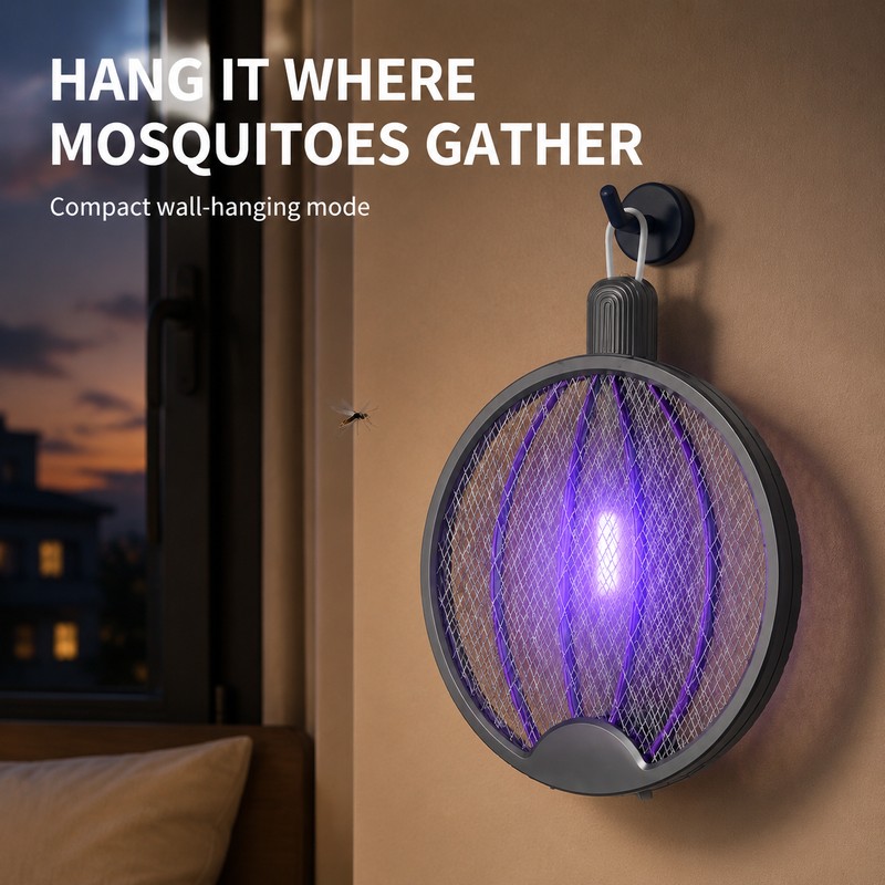 3-in-1 Foldable Rechargeable Electric Mosquito Swatter with Wall-Mount Mode