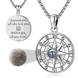 Compass Necklace for Women Men - 925 Sterling Silver Pendant I Love You in 100 Languages Stone Jewelry - Ideal Gift for Daily Wear, Birthday, Anniversary, Graduation, Valentine, Mother's Day, Father's Day