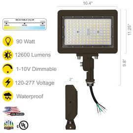 NUWATT 90W LED Flood Light, 3CCT 3000K/4000K/5000K Selectable, IP65 Waterproof Lighting, Adjustable Knuckle Mount, 12600LM, 0-10V Dimmable, 120-277V, Outdoor Security Floodlight for Yard, Bronze, UL