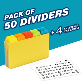 Chell 3x5 Plastic Index Card Dividers, Heavyweight Poly Index Card Guides A-Z for Flash Cards and Recipe Cards, with Alphabetical/Blank Stickers, Pack of 50
