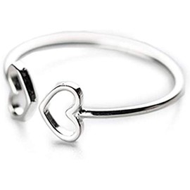 Thin Double Heart Love Open Ring for Women Teen Girls Little Girls S925 Sterling Silver Dainty Cute Tiny Adjustable Engagement Statement Promise Finger Knuckle Rings Daughter Birthday (Silver)