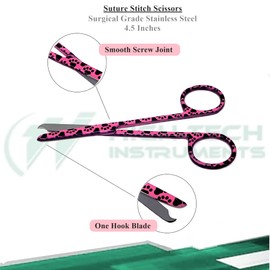 Hemostat & Scissors with Multicolor Pattern - Set of 3 - Suture Removal Scissors, Hemostatic Forceps, Pink Paws Print
