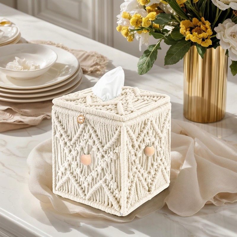 KaloKalo Handmade Tissue Box Cover Decorative Macrame Boho Square Tissue