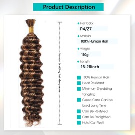 Human Braiding Hair for Boho Braids 4/27 Highlight Ombre Deep Wave Bulk Human Hair 110g 16 Inch Curly Wave Human Hair Extensions No Weft 2 Bundles/Pack