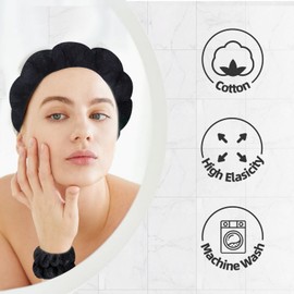 Spa Headbands for Washing Face or Facial Sponge Makeup Skin Care Headband Wristband Set Towel Bubble Soft Sponge Hairband for Women Girls Puffy Winter Non Slip Thick Thin Hair Accessory(Black 2 Pack)