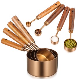 8-piece Gold Measuring Cups and Spoons Set Stainless Steel Measuring Cups with Wooden Handles Accurate Markings for Baking Cooking Dry Ingredients Spices Flour Tea Coffee