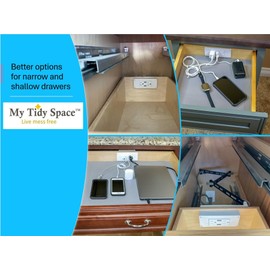 My Tidy Space USB A Compact In-Drawer Outlet Charging Station (2) USB-A Ports (2) 15A Plugs with Cord Management Arm for Office, Bathroom, Kitchen Cabinet Drawers