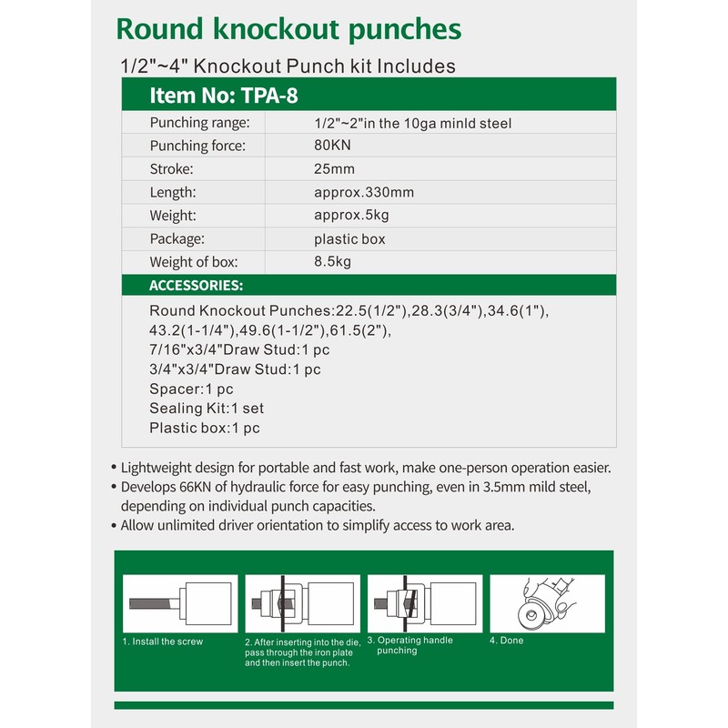 UTZIKO Hydraulic Knockout Punch Electrical Conduit Hole Cutter Set KO