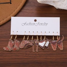 A-yeite 5 Pairs Western Cowgirl Earrings for Women Enamel Cowboy Boot Hat Charm Dangle Earrings Set Country Concert Party Outfits Jewelry Gift - Brown