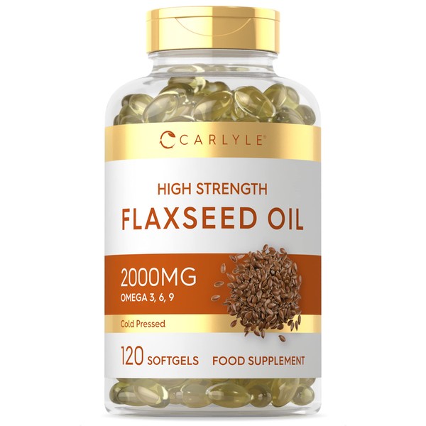 Flaxseed Oil Softgel Capsules 2,000mg | 120 Count | High Strength Food Supplement | Cold Pressed | Omega 3,6 & 9 | by Carlyle