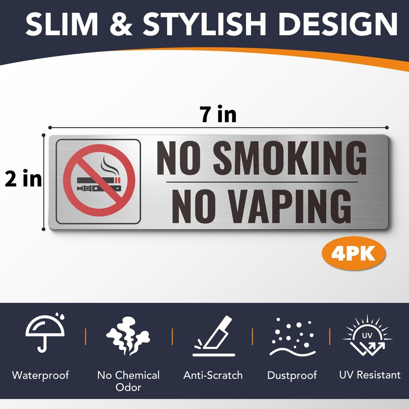 (4 Pack) No Smoking Sign Includes Vaping & E-Cigarettes, 7x2"