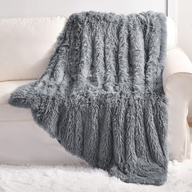 YUSOKI Grey Faux Fur Throw Blanket,2 Layers,50" x 60", Gray Soft Fuzzy Fluffy Couch Blanket Plush Furry Comfy Warm Blanket for Bed Chair Sofa Bedroom Dog Cat Men