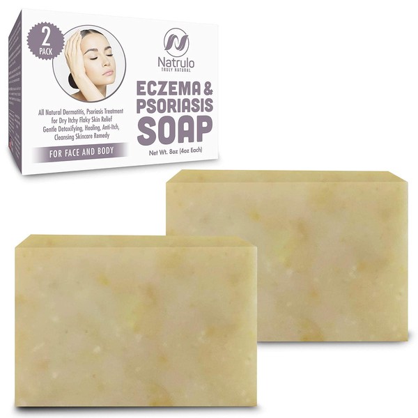 Natrulo Eczema Soap for Face and Body – All Natural Dermatitis, Psoriasis Treatment for Dry Itchy Flaky Skin Relief – Gentle Detoxifying, Healing, Anti-Itch, Cleansing Skincare Remedy - 2 Pack, 4 oz Each
