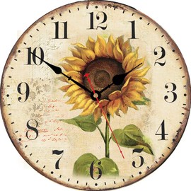 VIKMARI Art Decorative Arabic Numeral Wooden Wall Clock Battery Operated Quartz Silent Round Clocks 14 Inch Sunflower Hanging Clock for Bedroom,Dining Room,Office and Living Room