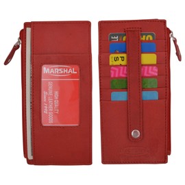 Marshal Leather All in One Card Case Holder Slim Wallet With a Card Protection Strap (Red)