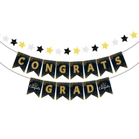Kiyanest Graduation Party Banner - Black & Gold Theme Congrats Grad Decoration