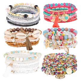 iYours 6 juegos de pulseras bohemias multicapa con borlas hechas a mano, pulseras envolventes para mujer, Sin gemas.