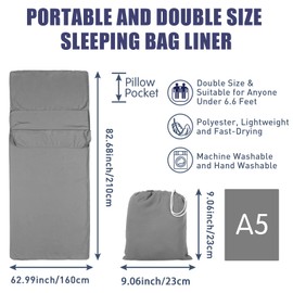 Plliocse Sleeping Bag Liner Travel Sheet Sleeping Bag, Double Size 160 x 210 cm Sleeping Bag Liners with Pillow Pockets for Adults, Travel, Hotels, Business Trip, Camping (Grey, 160cm x 210 cm)